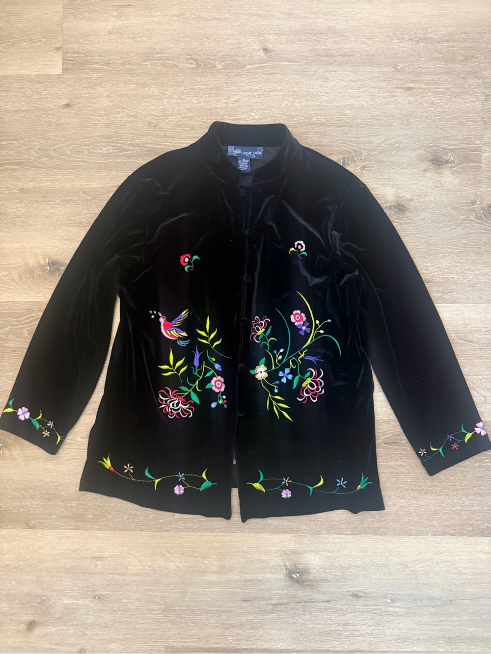 Susan Graver Black Velvet Embroidered Floral button up with Bird Motif